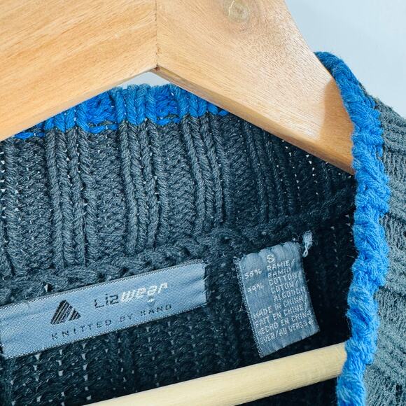 Vintage Liz Wear Knit Crewneck Bright Geo Pattern Black Sweater Size S Small - Picture 3 of 6